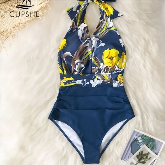 Navy floral deep v-neck backless women monokini one-piece sexy halter #16 - Picture 3 of 9